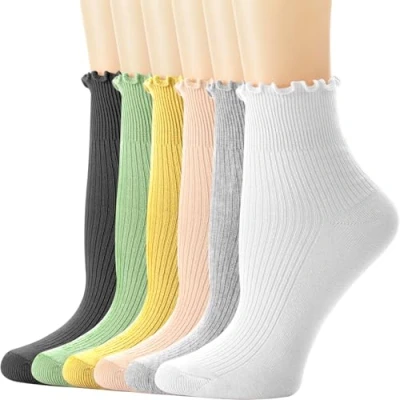 Image of DRESHOW Women Ruffle Frilly Socks Casual Ankle Breathable Cotton Crew Knit for 6 Pack