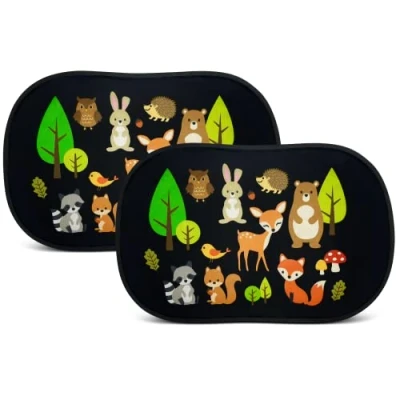 Image of HECKBO 2x car sun visor with 8 suction cups Forest animals 48x31cm window side sunshade for baby kids girls boys incl. Bag
