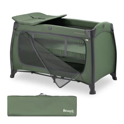 Image of hauck Play N Relax Center, Dark Green Travel Cot Set with Changing Mat, Newborn Height, XL Hatch, Wheels, Side Pocket &amp; Bag, Fast Compact Folding, from Birth up to 15 kg, 120cm x 60cm