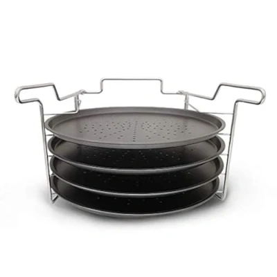 Image of Tredoni 4 Tier Pizza Baking Tray 29cm Non Stick + Stainless Steel Oven Rack Stand, Aluminum Serving Plates, PFOA Free