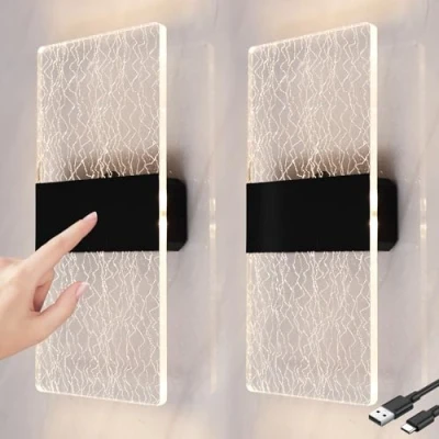 Image of LED Touch Control Wall Lamp Modern Indoor Light With Switch USB Rechargeable Battery Light, Magnetic Installation, Black Wireless Sconces Lighting 3000K Brightness Adjustable 2 Pack