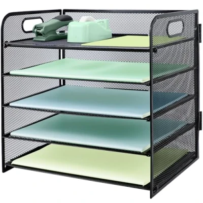Image of Paper Letter Tray with Handle, 5 Tier Metal Mesh Desk File Organizer, A4 Desktop Filing Trays, Tidy Magazine Document Holder for Home Office, Black