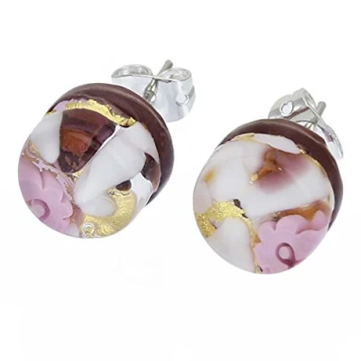 Image of GlassOfVenice Murano Glass Venetian Reflections Round Stud Earrings Purple Gold