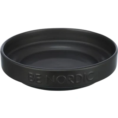Image of TRIXIE BE NORDIC 24522 Flat Cat Bowl Ceramic 300 ml Black Modern Feeding for Small Cats Diameter 16 cm with Non Slip Rubber Coating