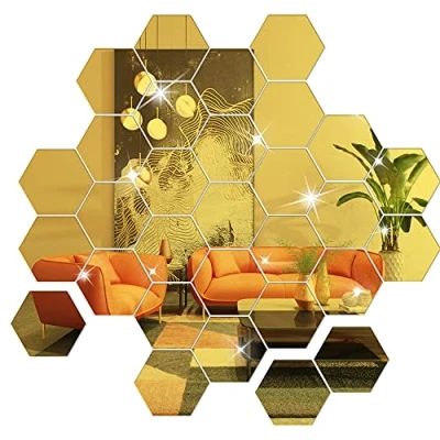 Image of NAILDOKI DIY Wall Decals Acrylic Mirror Sticker Set 36 Pcs, Hexagon Stickers for Living Room Bedroom Decor (Gold)