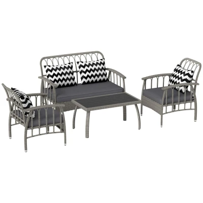 Image of Outsunny 4 Piece Rattan Garden Furniture Set, Sofa Set with 5 Level Adjustable Armchairs, Loveseat, Coffee Table and Cushions, Wicker Outdoor Conservatory for Patio Balcony, Grey
