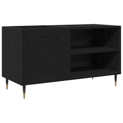 Image of vidaXL Record Cabinet Black Oak Modern Media Storage Engineered Wood Rectangular Design Living Room &amp; Home Theater Sturdy Tapered Legs Matte Finish