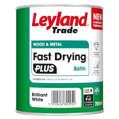 Image of Leyland Trade Wood &amp; Metal Fast Drying Satin Brilliant White Enhanced Durability Excellent Flow Professional Finish 750ml