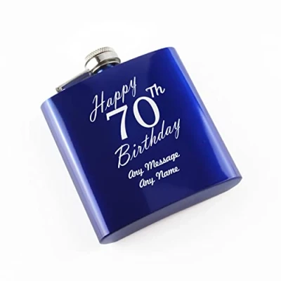 Image of Personalised Engraved 6oz Blue Painted Stainless Steel Pocket Hip Flask, Happy 70th Birthday Design, Gift for Him, Grandad, Gift, Laser in The UK