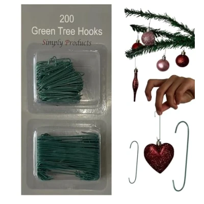Image of Simply Products 200pc Green Tree Hooks, Assorted Sizes, Metal Hooks Perfect for Hanging Ornaments &amp; Baubles on Your Christmas