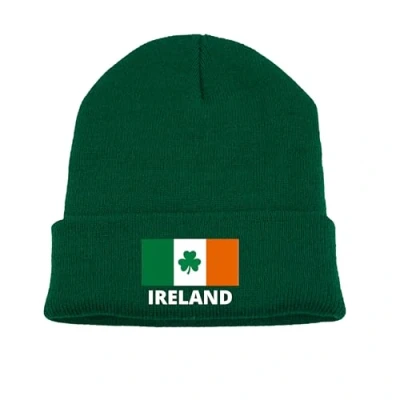 Image of Fidra Ireland Beanie Hat with Embroidered Flag Shamrock Logo, Winter Knit Cap Green