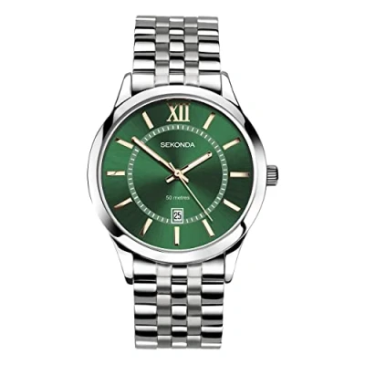 Image of Sekonda Classic Mens 40mm Quartz Watch in Green with Analogue Date Display, and Silver Stainless Steel Strap 30140