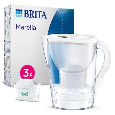 Image of BRITA Marella Water Filter jug White (2.4L) Starter Pack incl. 3x MAXTRA PRO All in 1 cartridge fridge fitting with digital LTI and Flip Lid now sustainable Smart Box packaging