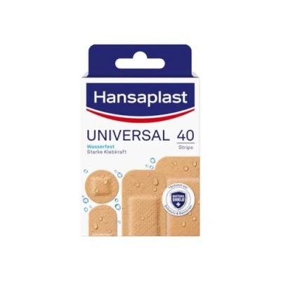 Image of Hansaplast Universal Plasters (40 Strips), Dirt Repellent and Water Wound Plaster Set with Strong Adhesive Power &amp; Bacteria Shield
