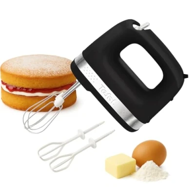 Image of Tefal Soleil Compact Electric Hand Mixer, 2 Speeds, Stainless Steel Whisks, Emulsion Black, Baking, Cakes, Multifunction Kitchen Batter, 200W, Dishwasher Safe Parts, HT2118G0