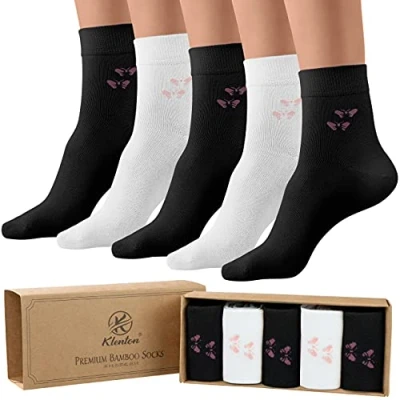 Image of Klenton Ladies Bamboo socks, Womens breathable Socks with Smooth Toe Seams, Soft Top Planet Friendly gift box Size 4 8, Pack of 5 (Black &amp; White)