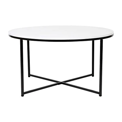Image of Flash Furniture Hampstead Collection Coffee Modern Laminate Accent Table with Crisscross Frame, Particleboard, Steel, Metal, White Marble/Matte Black, Set of 1