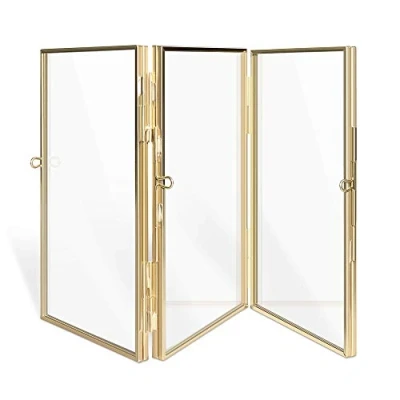 Image of Navaris Folding Triple Photo Frame Fits 15x10cm Photos Double Sided Brass and Glass Picture for Multiple Portrait Pictures Size S, Gold