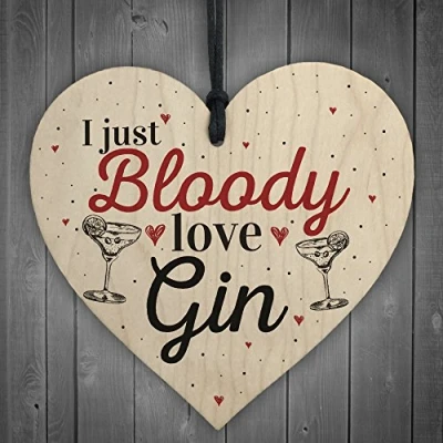 Image of RED OCEAN Bloody Love Gin &amp; Tonic Wooden Hanging Heart Sign Plaque Funny Alcohol Pub Party Gift Home Decor