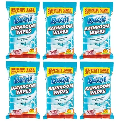 Image of 6 x 50 Pack Duzzit Bathroom Wipes Safe For Sinks, Showers And Baths