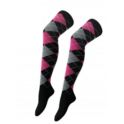 Image of Argyle Over The Knee Socks Ladies Thigh High Diamond Check Pattern Golf 4 6 (Black With Pink &amp; Grey Argyle)