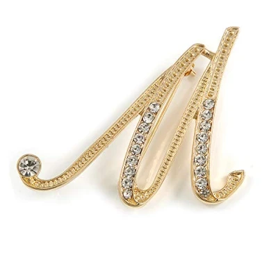 Image of &#039;M&#039; Gold Plated Clear Crystal Letter M Alphabet Initial Brooch Personalised Jewellery Gift 40mm Tall