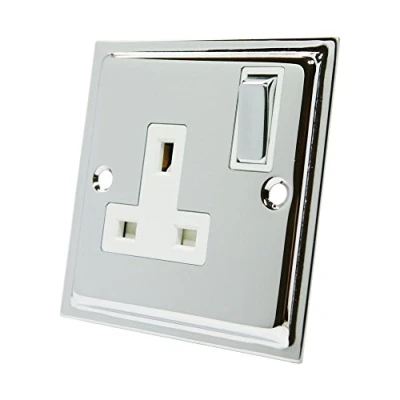 Image of Slimline Polished Chrome 1 Gang Socket White Insert Metal Rocker Switch 13 Amp Single Plug