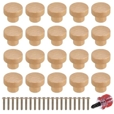 Image of Heozhuyi 20 Pcs Wooden Door Knobs Handles, 35 Round Kitchen Furniture Drawer Cupboard Wardrobe Cabinet Pulls with Screws and Mini Screwdriver (35X26MM)