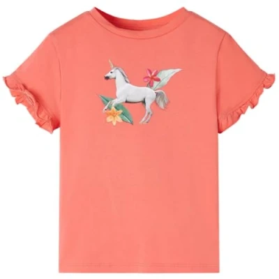 Image of vidaXL Kids&#039; T Shirt with Unicorn Print and Ruffled Short Sleeves, Comfortable Cotton Blend Material, Size 92, Coral
