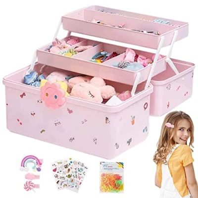 Image of Lonsy Hair Accessories Organiser For Kids Children&#039;s Storage Pink Box Girls Vanity Organizer Portable Cute Jewellery Container Bands, Clips