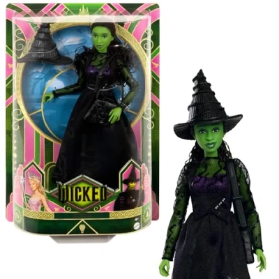 Image of Mattel Wicked, Elphaba Fashion Doll &amp; Accessories with Green Skin, Braided Black Hair, Posability Removable Ballroom Look, HXT62