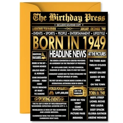 Image of Gold 76th Birthday Card for Men Women Black &amp; Golden Newspaper Born in 1949 Happy 76 Cards Dad Brother Sister Grandma Auntie Nan, A5 Bday Greeting