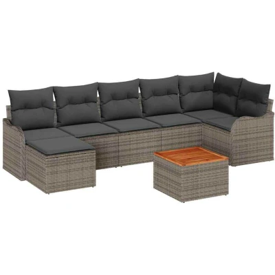Image of vidaXL 8 Piece Garden Sofa Set with Cushions Grey Poly Rattan Acacia