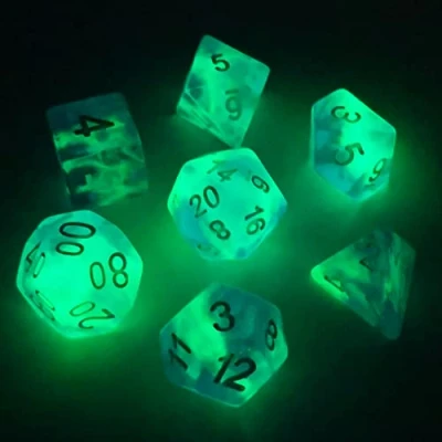 Image of Bescon Super Glow in the Dark Nebula Glitter Polyhedral Dice Set NORTHERN LIGHT, Luminous RPG Set,Glowing Novelty DND Game Set, d4 d6 d8 d10 d12 d20 d% Brick Box