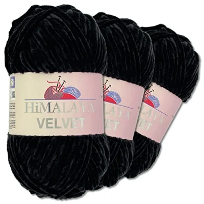 Image of Wohnkult Himalaya 3 x 100 g Velvet Dolphin Wool, 40 Colours to Choose From, Chenille Knitting Yarn, Fleece Shiny Accessory, Clothing, Blankets (90011 Black)