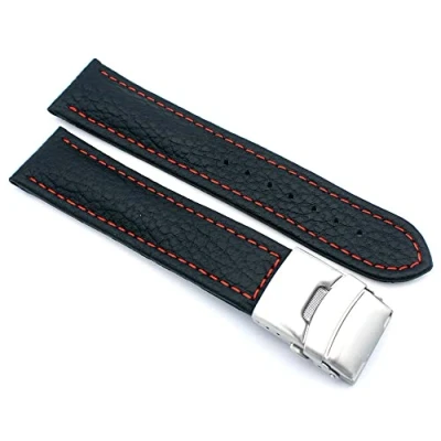 Image of Sulla Watch strap genuine leather with stainless steel folding clasp, white stitching, 20mm, Black red stitching