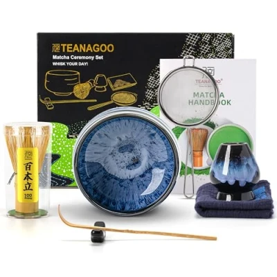 Image of TEANAGOO Matcha Tea Set, Japanese Bowl, Bamboo Whisk, Scoop, Sifter, Whisk Holder, Stand, Set N15,Matcha
