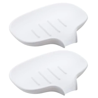Image of 2 Silicone White Soap Dish, Self Draining Holder, Dish for Bathroom Shower Kitchen Countertop Saver Tray
