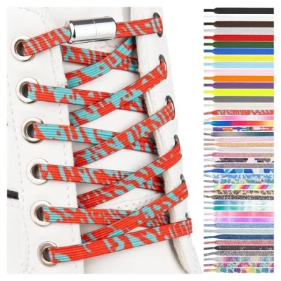 Image of SULPO Elastic rubber laces without ties, flat, with screw closure, Red and turquoise flames, One Size