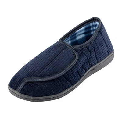 Image of Mens Cord Slippers Hook &amp; Loop Front Opening Hard Non Slip Sole Navy, UK 11