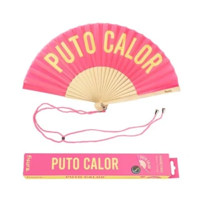 Image of Fisura Original handheld folding Fan with the message in Spanish. Wooden fan. holding Hand Fans. hanger included (Calor, pink and yellow)