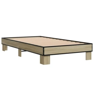 Image of vidaXL Home Base Single Bed Frame Sonoma Oak Finish, Engineered Wood/Metal, 90x200 cm with Metal Legs &amp; Plywood Slats