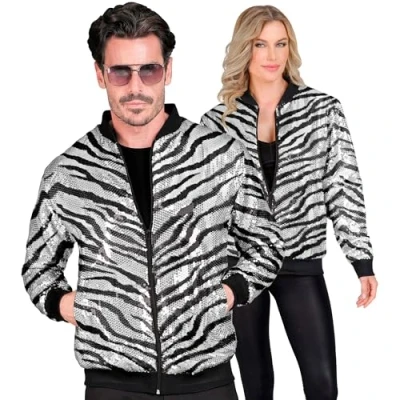 Image of Widmann Party Fashion Bomber Jacket, Zebra Pattern, Sequin Vest, Outfit, Disco, Animal Print
