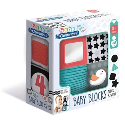 Image of Clementoni Baby Black &amp; White Cubes for Toddlers, 4 Soft Blocks Newborn Sensory Development, Ideal Early Learning and Motor Skills, Safe Durable Toy (0+ Months)