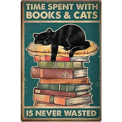 Image of Metal Wall Decor Vintage Funny Black Cat And Book Lovers Time Spent With Books Cats Is Never Wasted Signs Home Living For Bar Art Sign Poster 8X12 Inches