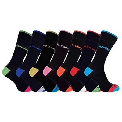 Image of 7 Pack Mens Black/Coloured Heel and Toe Days of the Week Novelty Cotton Socks (6 11 uk, Week)
