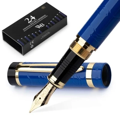 Image of Wordsworth &amp; Black Primori Fountain Pen Set, Medium Nib, Includes 24 Ink Cartridges, Refill Converter, Gift Case, Journaling, Calligraphy, Smooth Writing [Blue Gold], Perfect for Men and Women