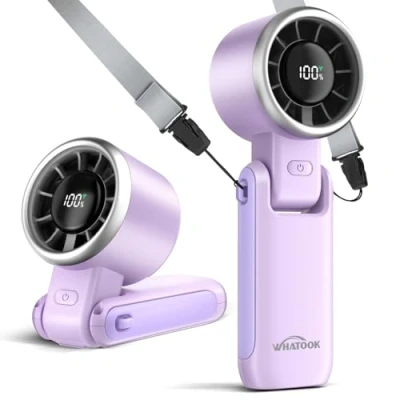 Image of WHATOOK Portable Fan Handheld Mini Fan: Travel Fans with Air Turbo Tech, 4000mAh Battery LED Display, 5 Gear Wind, 3 in 1 Foldable Small Hand for Makeup, Outdoor, Working, Shopping (Purple)