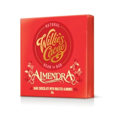 Image of Willie&#039;s Cacao Almendra Dark chocolate bar, 70% with roasted almonds 50g x 12 Vegan Artisan Bean to bar
