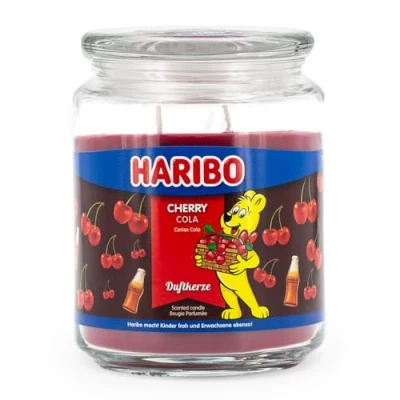 Image of Haribo Scented Candle in Glass with Lid Cherry Cola Fruity Candles Long Burning Time (100 h) Red Large (510 g)